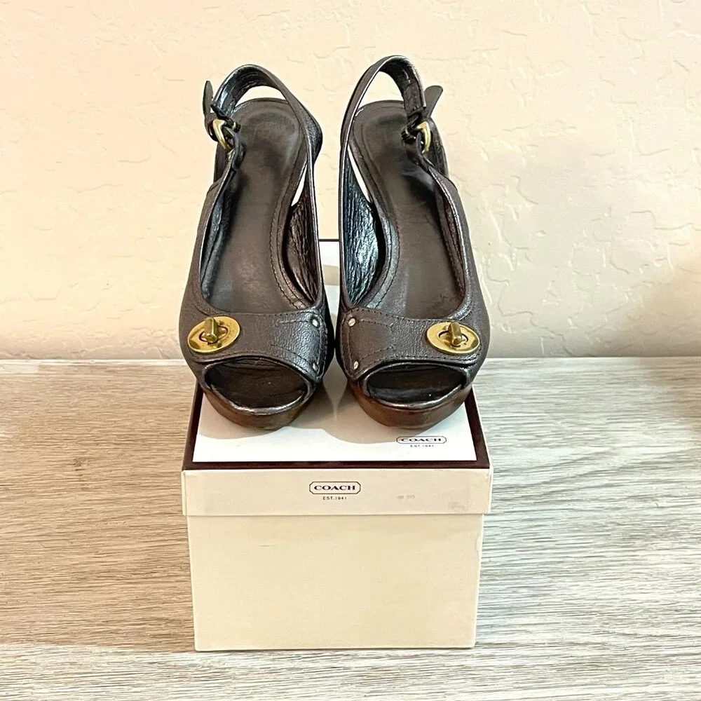 Coach Kiera Platform Heels Peeptoe Slingback Metallic Pewter Gunmetal 6.5